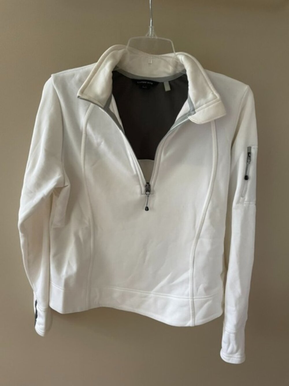Women's Lands' End 1/4 Zip Warm up Jacket in Ivory, size is Petite Medium.